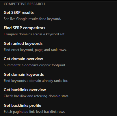 The RankSurge competitive research tool group, listing Get SERP results, Find SERP competitors, Get ranked keywords, Get domain overview, Get domain keywords, Get backlinks overview, and Get backlinks profile
